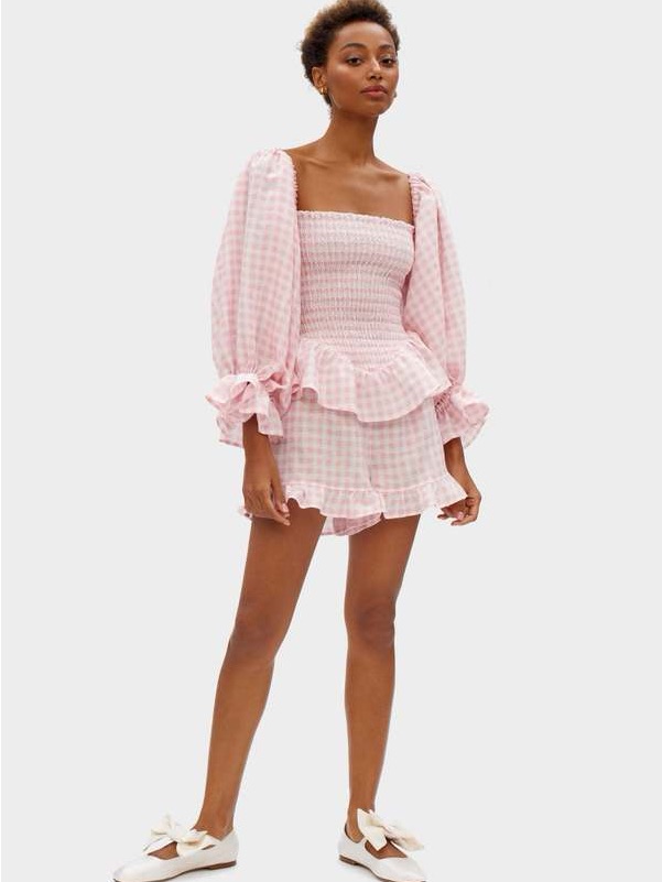 Sleeper Set Pink Gingham Smocked Mini Dress With Puff Sleeves